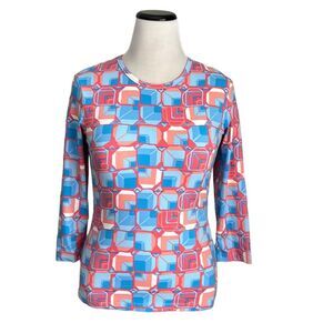 J.McLaughlin Catalina Cloth 3/4 Sleeve Geometric Print Coral Blue Top Size M